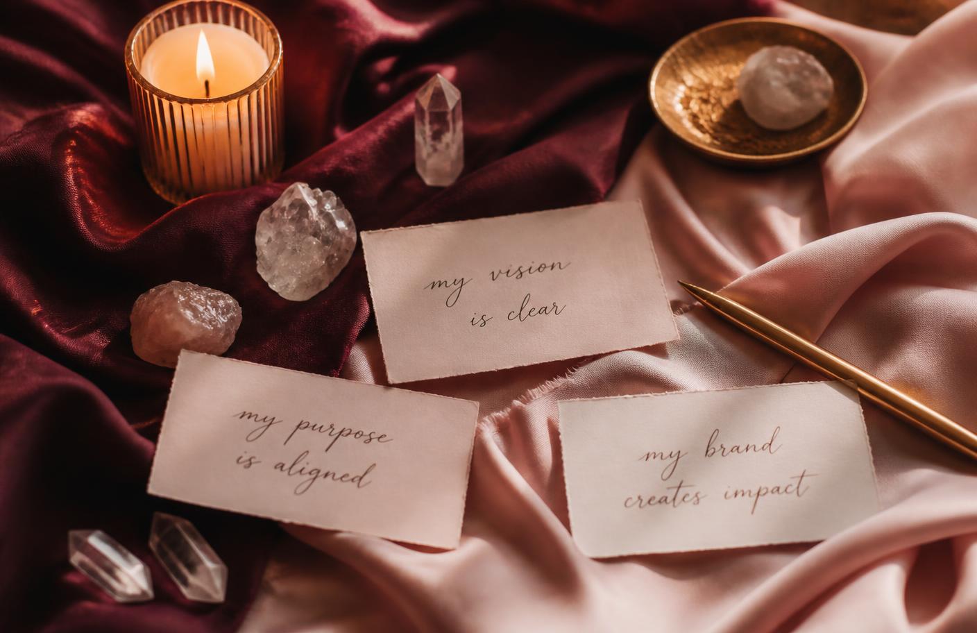 Intention cards, candle, and crystals on wine and blush silk